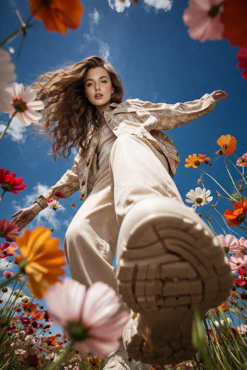 Low-Angle Flower Field Walk: High-Fashion Editorial Prompt