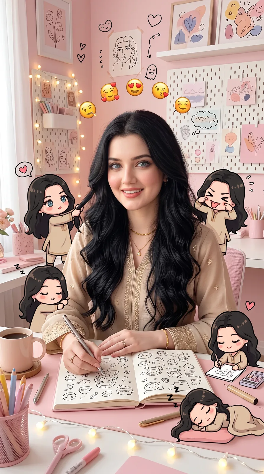 Cute Pink Office Mini-Me – Realistic Female Character with Chibi Clone Workspace